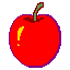Red apple with green stem and yellow highlights, animated sequence showing progressive bites and peel removal against gray background.