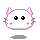 Pixelated white cat head with pink inner ears and cheeks, black eyes, purple outline on gray background showing multiple expressions.