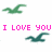 Pixelated green bird-like figure above and below pink text reading 'I LOVE YOU' on white background.