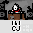 Pixel art animation of a character in red clothing at a DJ booth with turntables and speakers, showing sequential movement across frames.