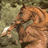 Pixelated image of a light brown horse with dark mane and tail, head turned left, standing against blurred greenish background.