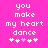 Pixelated text on bright pink background with white hearts and dancing symbols.