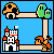 Pixel art animation of a castle, mushroom house, and character with green creature on shoulder; speech bubble appears in second frame.