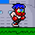 Pixelated character with blue hair, red torso, and black limbs stands on green grass against gray background.