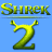 A split-screen animated contact sheet showing two frames of a Shrek 2-themed buddy icon with pixelated text and character elements on blue and green backgrounds.