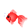 Pixel art animation of a red goldfish with pink fins swimming left to right across five frames on a gray background, accompanied by blue bubbles.
