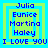 Four identical pixelated display blue text on green and blue backgrounds with names and "I LOVE YOU" text