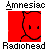 Red square icon with black outline of a smiling face, text 'Amnesiac' above and 'Radiohead' below; left frame shows head turned right, right frame shows head turned left.