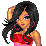 Pixel art of a woman with long black hair in red and pink top, black skirt, and knee-high boots holding a sign reading 'Sexy'.