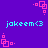 Pixelated icon with cyan text 'jakeem<3' on purple background, pink square-based symbols in four corners, alternating between two states.