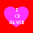 Four identical pink heart-shaped icons with white text 'I <3 ALYCE' on a red background, arranged in a