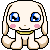 Pixelated character with blue eyes and pink cheeks in six expressions: open eyes, winked eyes, closed eyes, smiling mouth.