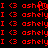 Red pixelated text and symbols on black background, with repeated 'I <3' and 'ashely' variations across multiple