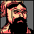 Pixelated static icon of a character with long dark hair, glasses, and a beard against gray background.