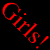 A 3x3 contact sheet of red-and-black animated frames featuring repeated text and distorted visual elements, with a dominant 'Girls!' theme across multiple panels.