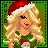 Pixelated character with blonde hair and Santa hat wears green shirt with Santa graphic, red pants; background shifts from solid green to gradient with 'ho' text.