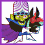 Pixelated character with green skin, purple and white striped headpiece, blue shoulder accents, red chest flower, and yellow teeth in three sequential poses.