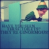 A pixelated image shows a character in green and white clothing leaning over a blue structure with text reading "HAVE YOU SEEN THESE TOILETS? THEY'RE GINORMOUS".