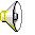 Pixelated speaker icon with yellow and white sections, black accents, gray background; right frame shows sound waves extending from the speaker.