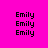 A bright pink background displays multiple instances of the name "Emily" in black pixelated text, with yellow rectangular bars appearing in different positions across the frame.