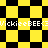 Yellow and black checkered pattern with repeating text 'VickieeBEE<3' in white pixelated font across two horizontal bands.
