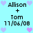Pixelated text displays 'Allison + Tom 11/06/08' with purple and light purple hearts on a cyan background, arranged in two identical vertical