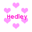 Pixelated pink hearts and the name "Hedley" appear on a white background with varying opacity and positioning
