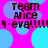 Pixelated text and shapes on a bright pink background with blue circles, showing repeated 'Team Alice' and 'q-eva!''.'','' patterns.