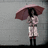 A pixelated image of a person holding a pink umbrella standing against a gray background, with white text on a black background reading "just when my heart was getting back together you broke it again.".