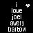 Black background with white pixelated text reading 'i love joel avery barbow' and a heart symbol above the text, with a dotted animation effect on the heart.