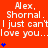 Red background with repeated white text 'Alex, Shornal. I just can't love you...' and blue star symbols in a pattern