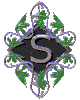 A diamond-shaped icon with a central silver 'S' on a black background, surrounded by green and blue floral patterns, displayed in six showing animation