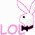 Pixelated pink bunny mascot with black bow tie and multicolored dithering, next to large pink "LOL" text on white background.