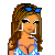 Pixelated cartoon woman in blue bikini with white patterns, brown hair, and sunglasses on head; multiple poses including full-body standing, side view, and close-up.