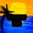 Pixelated beach scene with palm tree and sunset on left, blue background with stacked text on right.