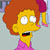 Yellow-skinned cartoon character with large white eyes, open mouth, and orange hair holding a pink object against a light gray background.