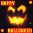 Pixelated pumpkin face with glowing orange eyes and mouth, alternating between 'HAPPY' and 'HALLOWEEN' text in red blocks above each frame.