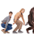 A 2x2 contact sheet of a pixelated animation showing evolutionary stages from modern human to ape-like figures, with visible frame differences in posture and body proportions across sampled frames.