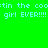 Green background with cyan text repeating 'the cootin the coo girl EVER!!!!' and a pink circular gradient in the lower-left.