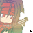 Pixelated anime-style character with red-brown hair and green clothing holding a sword, animated by changing small red dot patterns near the head.