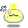 A yellow rounded character with closed eyes, pink cheeks, and a green outline appears in four variations showing star and smoke animation changes.