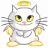 Pixelated white cat with yellow eyes, pink nose, and golden halo above head stands against white background; green text 'OriginalIcons.com' appears on dark green to the right