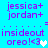 Pixelated blue background with purple text reading "jessica+ jordan+" above "insideout oreo!<3" and a white heart symbol, displayed in two side-by-side identical