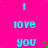 Bright pink background with cyan text repeating "I love you" in a pattern, scattered green dots, and a gray rectangle in the bottom-right corner