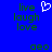 Blue background with green pixelated text 'live laugh love' and 'geo', a white heart symbol above the left text block, and identical mirrored text blocks on both sides.