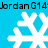 White pixelated snowflakes on a solid cyan background with repeated black text reading "Jordan G14" at top and bottom.