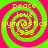 Four identical spiral patterns with alternating green and pink rings, each containing yellow text reading peace love gymnastics 033.