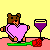 Pixelated bear holds pink heart, purple wine glass, and red rose on yellow background with 'Thinking' text variations.