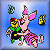 Pixelated character with pink ears and tail wears green shirt and dark pants, holding a yellow object against blue background with two floating items.