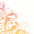 Pixelated floral design with orange and pink hues on white background, featuring abstract curved lines and scattered dots.